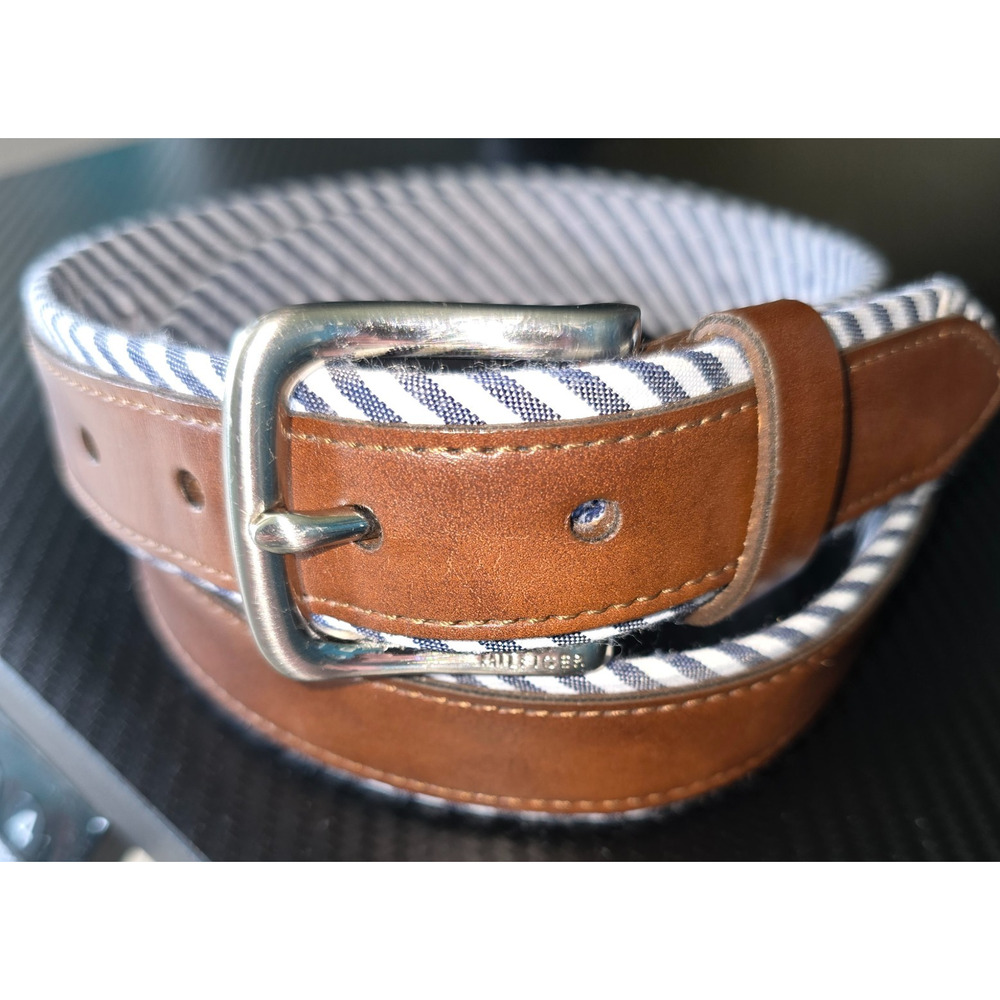 Tommy Hilfiger preppy Blue white stripe Fabric/Leather Belt Men's M (34-36) EUC